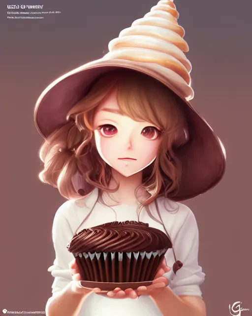 Prompt: personification of chocolate cupcake, cute hats, unreal engine, highly detailed, digital illustration by artgerm, tooth wu, studio ghibli, deviantart, sharp focus, artstation, bakery by greg rutkowsky, sweets, dog