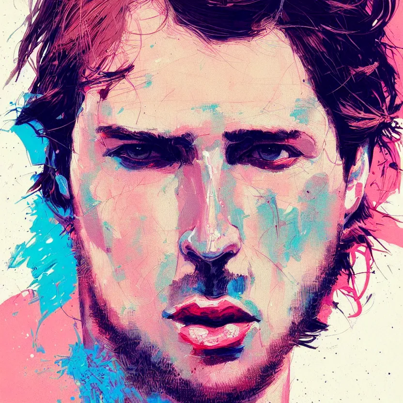 Prompt: close up portrait painting of a male musician in nineties street styling, concept art, intricate details, aesthetically pleasing pastel colors, art by conrad roset, impressionism, portrait