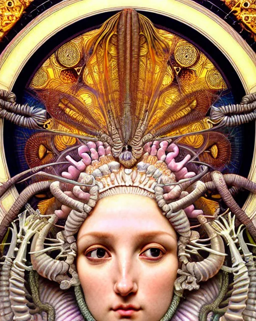 Image similar to hyperrealistic detailed face portrait of the beautiful goddess of the giant isopods with an intricate golden ornamental geometrical fractal giant isopod masked headdress, art by ernst haeckel, john william godward, android jones, alphonso mucha, h. r. giger, gothic - cyberpunk, ornamental, dimmed pastel colours,