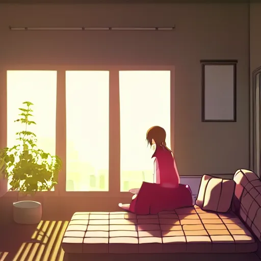 Prompt: girl sits on the sofa and listens to music, the sun shines through the window, highly detailed, 8 k, by kyoto animation