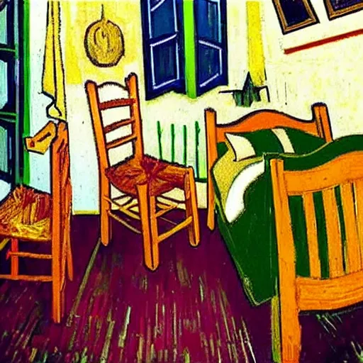 Image similar to Dachshund on a chair, in a bedroom, painted by Vincent Van Gogh