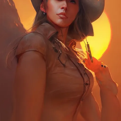 Prompt: full body portrait of a female cowboy, bounty hunter, western setting, sunset, highly detailed, sharp focus, illustration, digital painting, soft lighting, trending on artstation, cinematic, art by rossdraws, by karol bak, by anna dittmann.