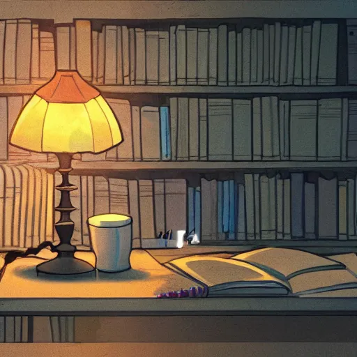 Prompt: inside a house, anime wallpaper, table with books and lamp, bookshelf, makoto shinkai, pixiv art