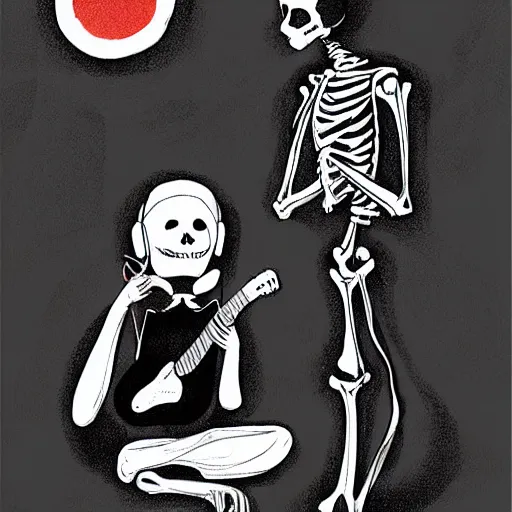 Image similar to skeleton wearing headphones watching girl playing guitar with her black cat standing next to her, digital art