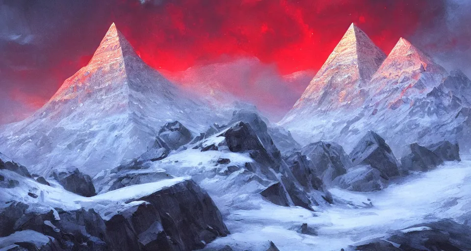 Image similar to snowy mountain, by eugene von guerard, ivan shishkin, black lovecraftian obsidian pyramid!! on a snowy mountaintop, night, red lightning!!, dramatic lighting, concept art, trending on artstation, 8 k