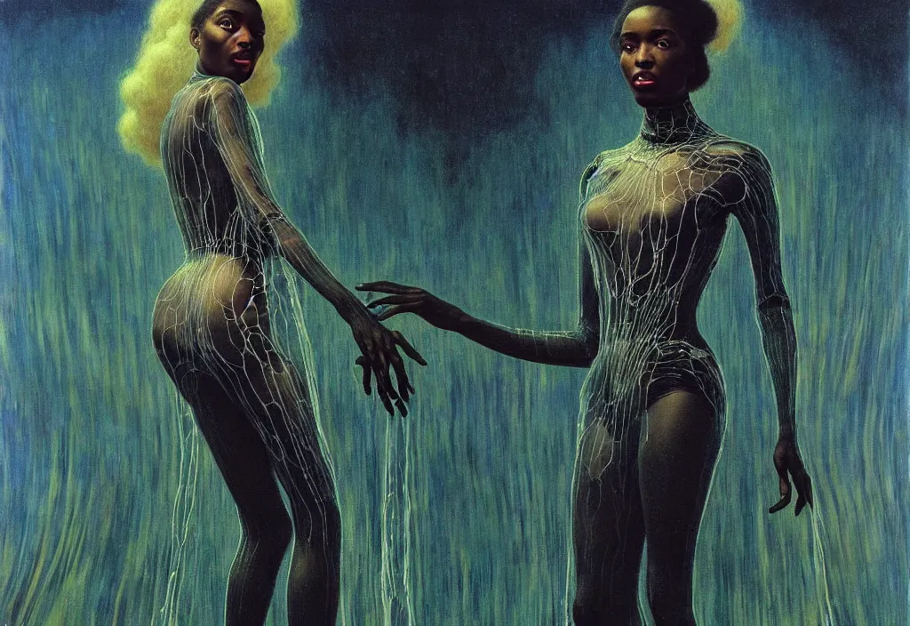 Image similar to realistic detailed portrait movie shot of a beautiful black woman in a transparent sheer suit raincoat dancing with a giant spider, futuristic sci fi landscape background by denis villeneuve, jean delville, monia merlo, yves tanguy, ernst haeckel, alphonse mucha, max ernst, caravaggio, roger dean, sci fi necklace, masterpiece, dreamy, rich moody colours