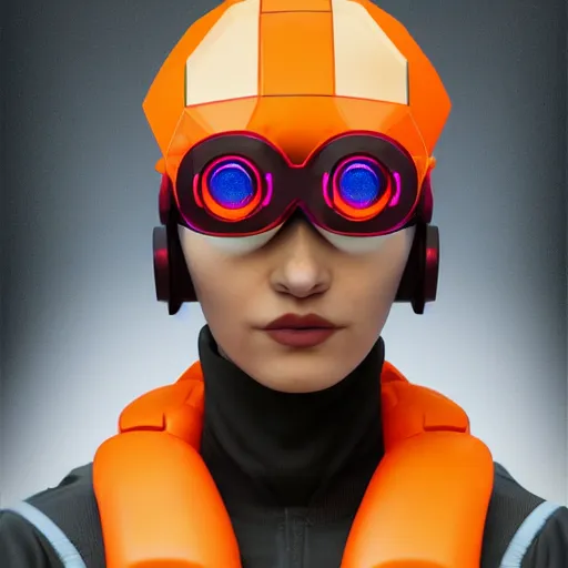 Prompt: stunning portrait of young smirking explorer wearing a cyberpunk headpiece with a translucent orange visor, octane render, very colourful, vibrant, amazing details, by gouuie