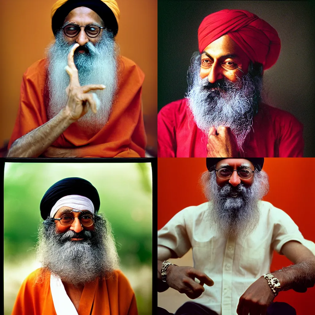 Prompt: A Hyper realistic and detailed portrait photography by Annie Leibovitz of Jaggi Vasudev. Agfa Vista 400 film. Detailed. Depth of field. lens flare. moody. cinematic. warm light. realistic. expired film.