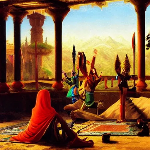 Image similar to hyrule palace scene painted in orientalist style, legend of zelda, painting by jean - leon gerome, otto pilny, adrien henri tanoux, giulio rosati, orientalism