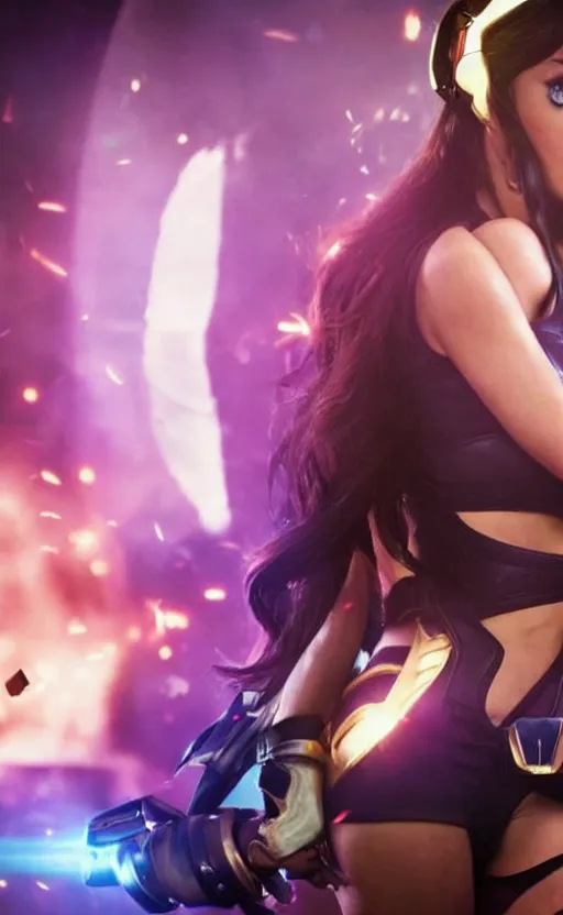 Image similar to action still of Caitlyn in KDA League of legends movie played by Megan Fox. imax, cinematic, 35mm, 4k resolution, dslr, live action, hyperreal, very detailed