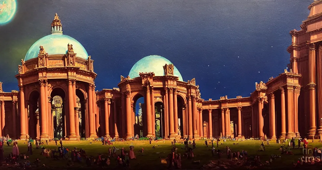 Prompt: the san francisco palace of fine arts during the intergalactic futuristic fair, romantic era sci - fi painting, futuristic