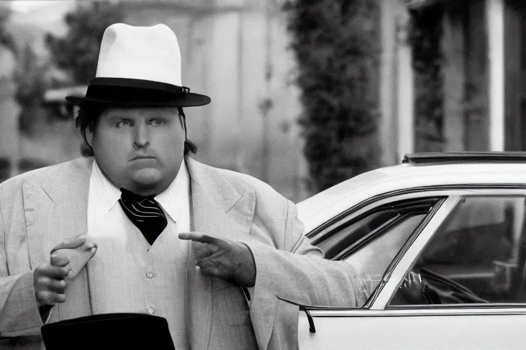 Prompt: cinematic still of portly clean-shaven white man wearing suit and necktie and boater hat as car salesman in 1994 film, XF IQ4, f/1.4, ISO 200, 1/160s, 8K, RAW, dramatic lighting, symmetrical balance, in-frame