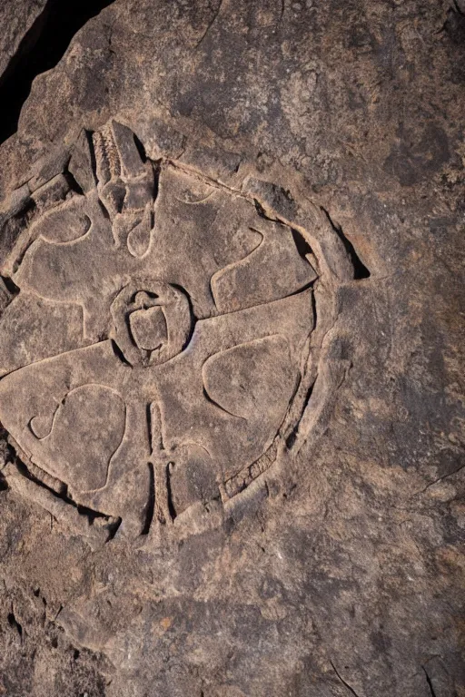 Image similar to 4 k photography of petroglyphs representing crosses, ufo, yin yang symbol on a cave