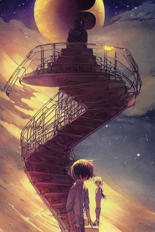 Image similar to a full moon containing the glimmering stairways to otherworldly galaxies, high intricate details, rule of thirds, golden ratio, cinematic light, anime style, graphic novel by fiona staples and dustin nguyen, by beaststars and orange, peter elson, alan bean, studio ghibli, makoto shinkai