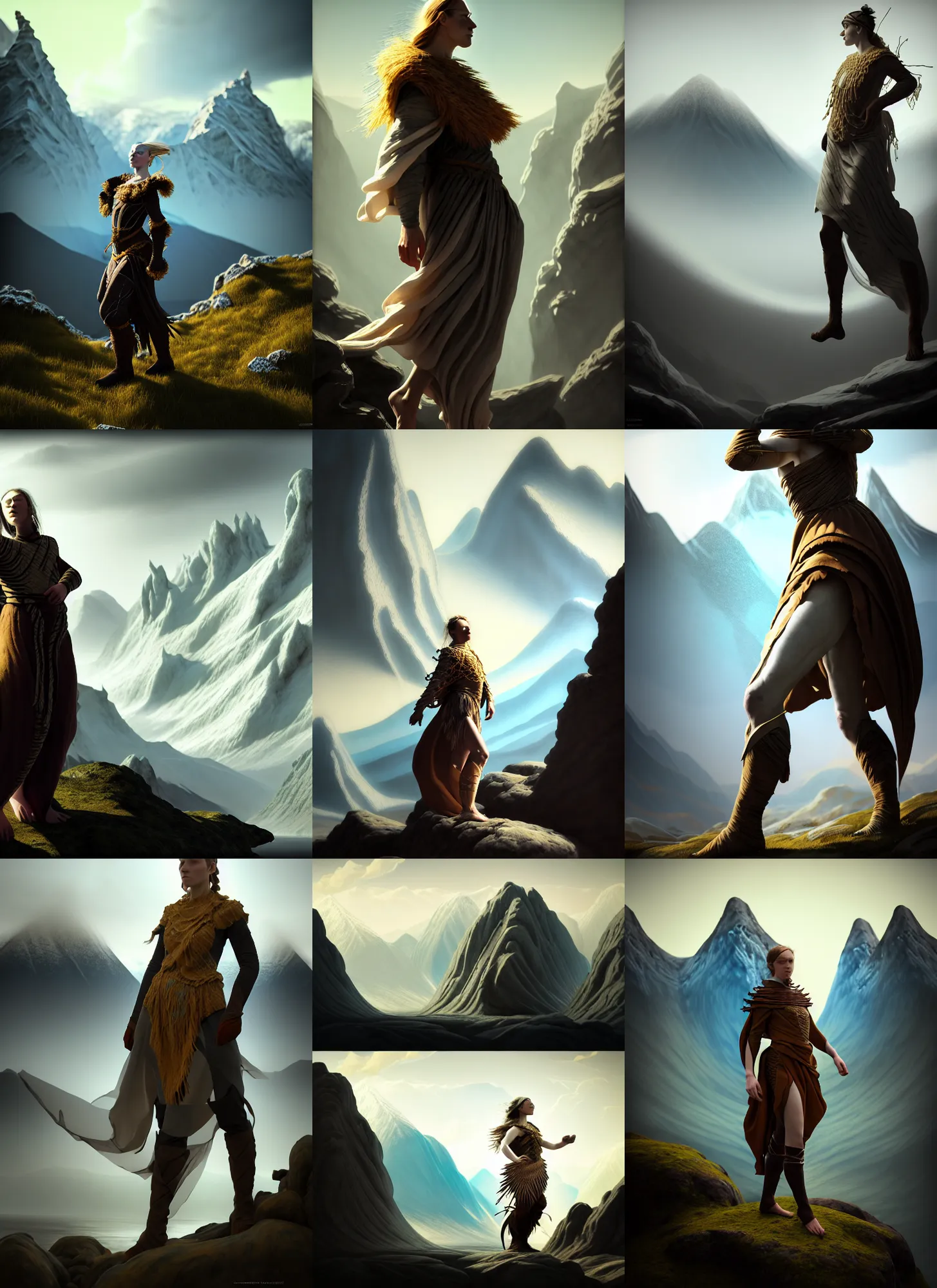 Prompt: natural light, dissolution filter ,turbulence filter, costume design made by nordic tribes, sophisticated composition, old masters light composition, procedurally generated, epic human character posing for concept art, beautiful mountains behind, substance designer, PBR, HD, Ultra detailed, hyperrealistic, megascans, volumetric light, concept by master artist, made in paint tool SAI2, trending pixiv face