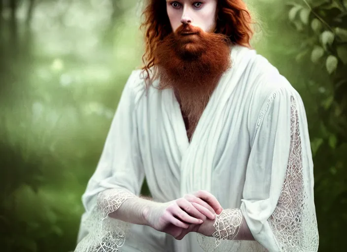 Image similar to portrait photography of a beautiful man how pre-Raphaelites beauty type in style of Nicolas False, britt marling style 3/4 , he has a short beard, ginger hair, beautiful ethereal lace white robes, 8K, soft light, volumetric lighting, highly detailed Realistic, Refined, Highly Detailed, natural outdoor soft pastel lighting colors scheme, outdoor fine art photography