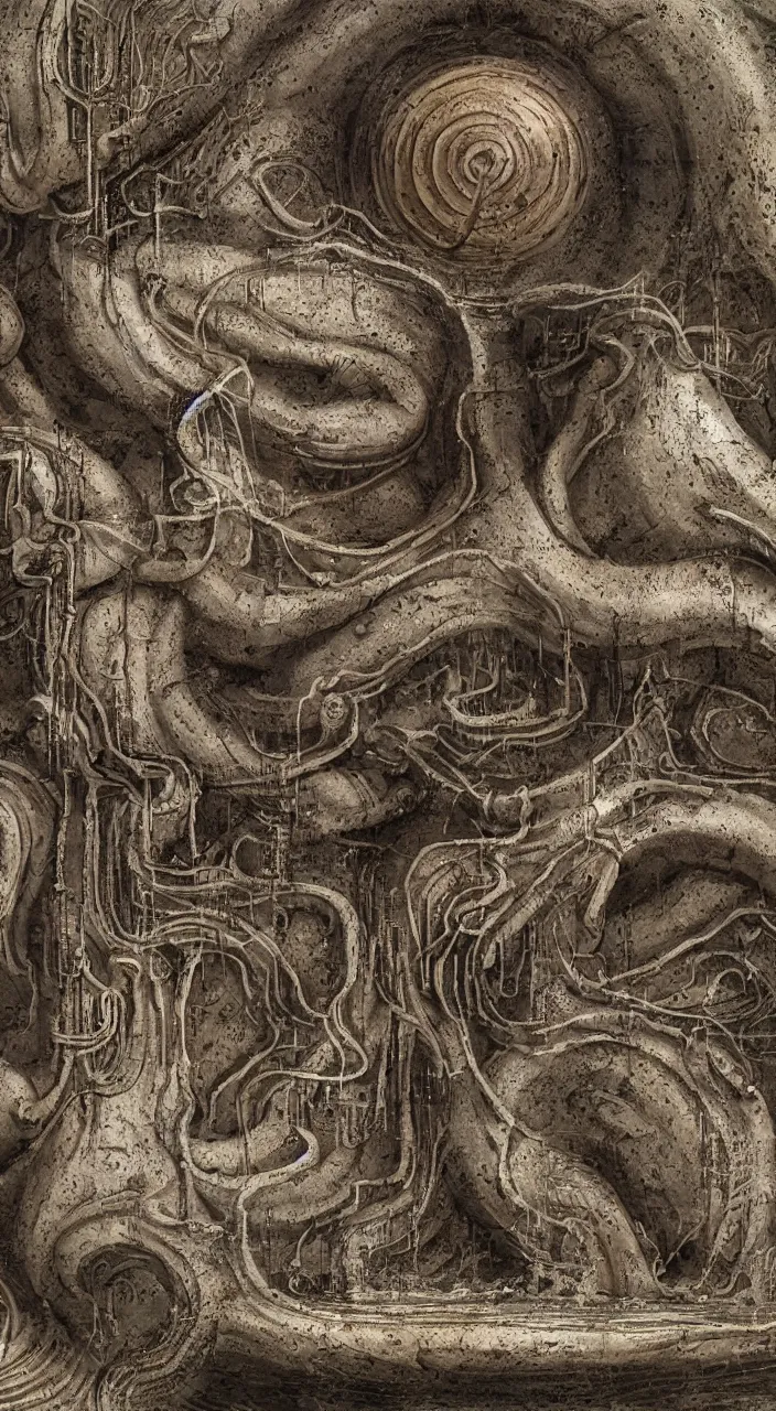 Prompt: a stream of water flowing into a machine made from clay amphoras and producing a coin, in the style of H R Giger, architectural photograph , isometric views, kidneys, marble texture , 8k