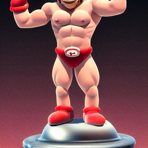 Prompt: Amazing detailed render of a shirtless Super Mario as a body builder in a weight lifting competition, extremely muscular, steroids, veins popping out, lifting a massively oversized weight, a crowd is cheering in the background, 3D, unreal engine, HDR, massive muscles, detailed face with moustache, detailed eyes with pupils, face is visible, detailed red mario M around his waist