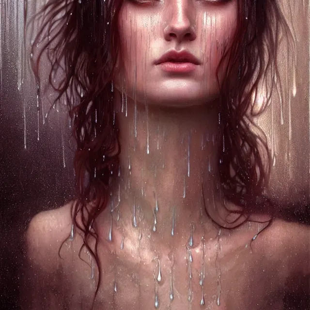 Image similar to bright portrait rain on face and wet hair, overhead lighting, fantasy, intricate, elegant, dramatic lighting, highly detailed, lifelike, photorealistic, digital painting, artstation, illustration, concept art, smooth, sharp focus, art by John Collier and Albert Aublet and Krenz Cushart and Artem Demura and Alphonse Mucha