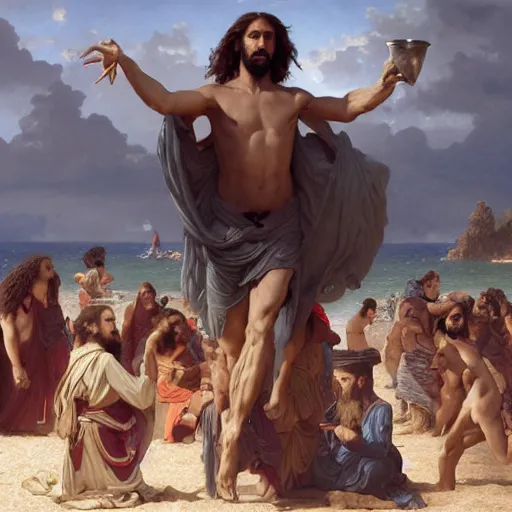 Prompt: an extremely detailed matte painting of a ridiculously good looking jesus that looks like a jewish gigachad with his 1 2 apostle entourage droing keg stands, long curly hair, elegant ancient greek dress, very detailed, windy beach, beautiful, intricate, cinematic, artstation, william bouguereau, alphonse mucha, greg rutkowski, rossdraws, octane render