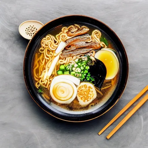 Prompt: Delicious looking bowl of ramen floating in space, space telescope, stars, galaxies