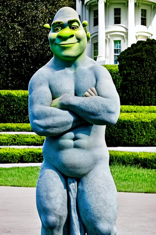 Prompt: A beautiful stone statue of Shrek in front of the White House, photo by Steve McCurry, heroic pose, detailed, smooth, smiling, professional photographer