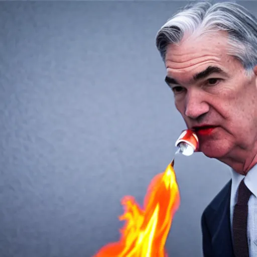 Image similar to photo of Jerome Powell with whiteface clown makeup using a flamethrower projecting a long flame, highly-detailed