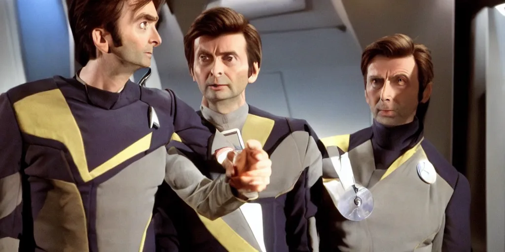 Prompt: David Tennant as Doctor Who, in Starfleet uniform, in the role of Captain Kirk in a scene from Star Trek the original series