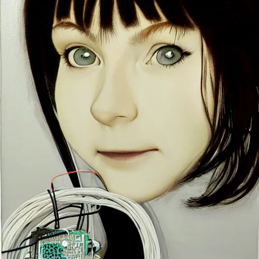 Image similar to beautiful pure evil lain with hundreds of wires coming out of her head, she is in pure bliss, portrait, painting