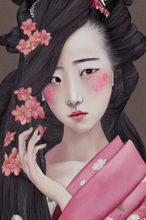 Image similar to beauty geisha, digital art, 8k, character, realistic, portrait, photorealism, japan watercolour, masterpiece art