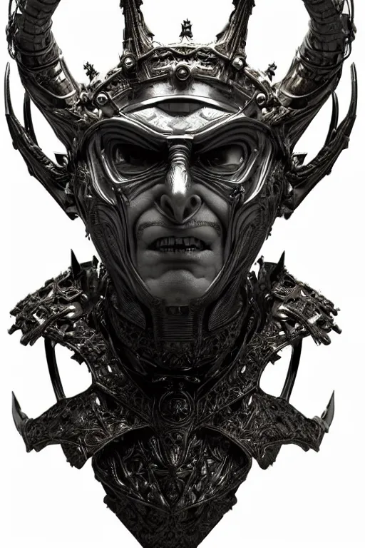 Prompt: a malevolent and stoic alien king bust, with hungry conquering eyes, extremely detailed frontal angle, art nouveau cyberpunk engraved armor and intricate crown of infinite power, perfectly symmetrical facial structure and framework, honorable and honest facial features of ageless wisdom, by bill sienkiewicz, frank frazetta and travis charest, dark sci-fantasy, ornate complexity, male face and bust, accurate human anatomy mixed with alien and cyborg characteristics, sci-fi character concept, photorealism, epic art nouveau framing, stunning lighting, hyperrealism, 8k