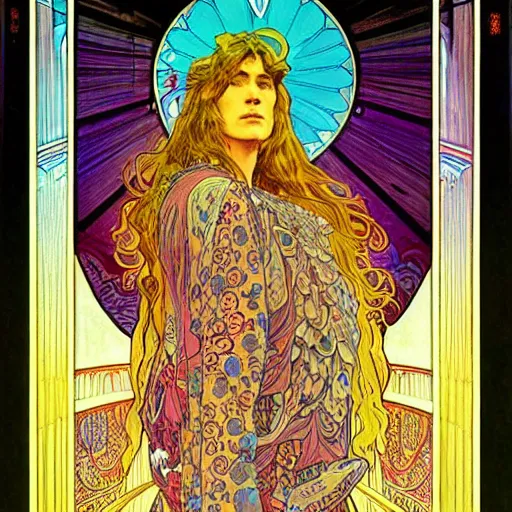 Prompt: “colorfull artwork by Franklin Booth and Alphonse Mucha and Moebius showing a portrait of Young Robert Plant”