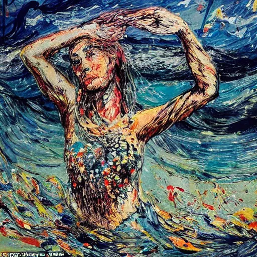 Prompt: the woman emerged from the ocean and danced by the river clothed in seaweed and tree bark , surrealistic abstract art in the style of jackson pollock and jack b yeats ,