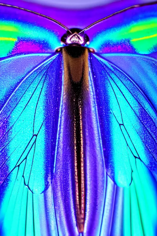 Image similar to high quality macro photo silky iridescent moth! jewelled gorgeous! highly detailed david ligare elson peter cinematic blue neon lighting high quality low angle hd 8k sharp shallow depth of field