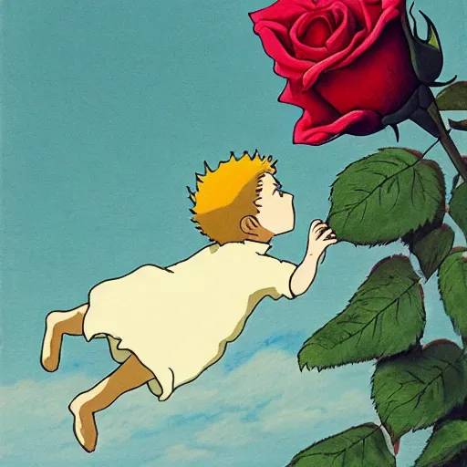 Prompt: the little prince kisses the rose, painted by studio ghibli