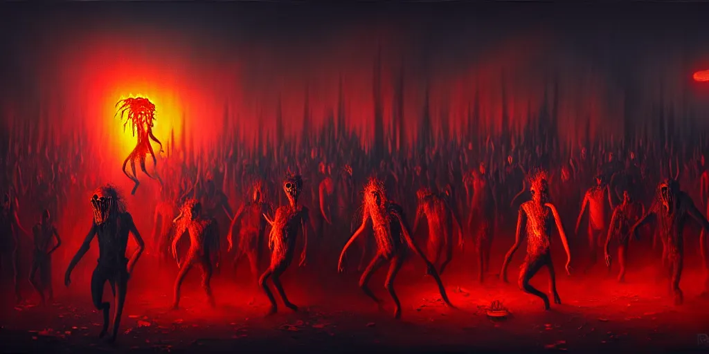 Image similar to repressed emotion creatures and monsters riot in a fiery wasteland, dramatic lighting, attempting to escape to the surface and start a revolution, in a dark surreal painting by ronny khalil