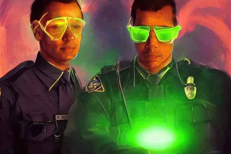 Prompt: Beautiful portrait of a glowing translucent body glowing male police officer wearing cool shades. Green fluorescent aura around officer, wide angle, magic, fire, darkness, dramatic lighting, Africa, intricate, wild, highly detailed, digital painting, artstation, concept art, smooth, sharp focus, illustration, art by artgerm and greg rutkowski and alphonse mucha, footage from space camera