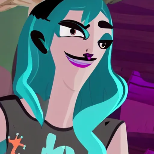 Prompt: full - body behind the scenes photo of bella thorne as gwen in total drama island, teal hair, goth aesthetic, focus on facial details, focus on full - body, photorealistic, cinematic lighting