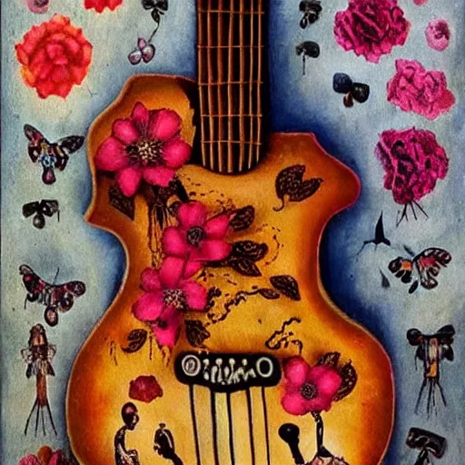 Image similar to guitar made out of human skin decaying with flowers in a frida kahlo painting style