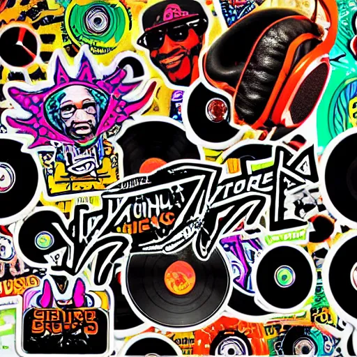 Image similar to svg sticker of a Dancing-Ben-Harper-Snoop-Spike-Lee-with-a-large-Afro-Puff, at a rave, spinning records, giant headphones rocking out, wearing headphones, huge speakers, dancing, rave, DJ, spinning records, digital art, amazing composition, rule-of-thirds, award-winning, trending on artstation, featured on deviantart