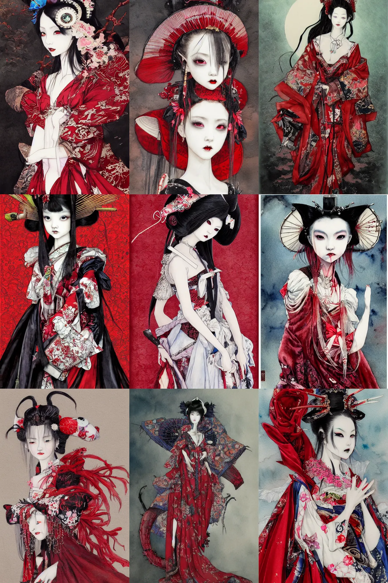 Prompt: watercolor painting of a japanese bjd geisha vampire queen with a long neck in a victorian lolita fashion red dress in the style of dark - fantasy painted by yoshitaka amano, christopher shy, ayami kojima, dmt art, symmetrical vogue face portrait, intricate detail, artstation, cgsociety, artgerm, rococo