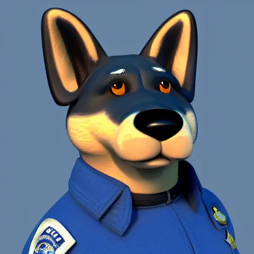 Prompt: police dog german sheperd, 3 d model, cartoony, 4 k, artstation, ultra quality, blue uniform, badge on collar, pixar style, on a highway offramp