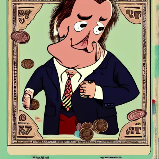 Image similar to multicolo saul goodman holding money by gary baseman in 4 k ultra high resolution, with depressive feeling