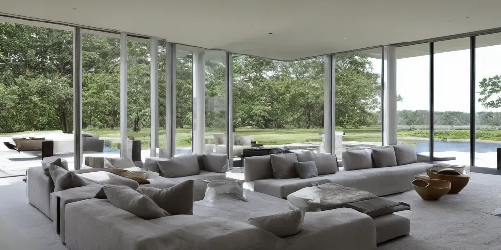 Prompt: grey brick glass contemporary modern hamptons mansion living room concept interior design next to body of water by mcalpine house, by jackson & leroy architects