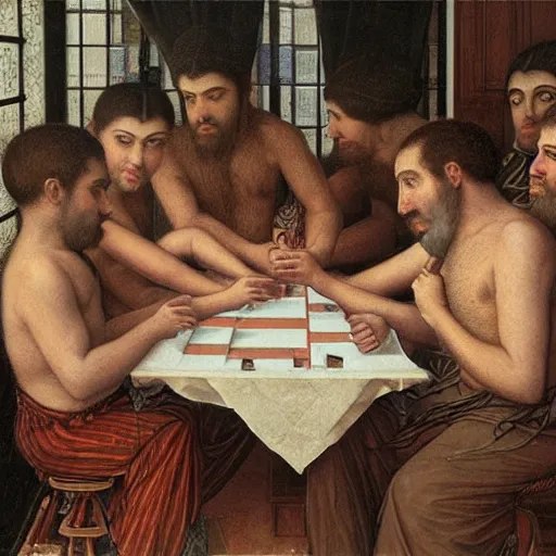 Prompt: churning versacci, starbucks by dino valls, by louis icart. a beautiful painting of a group of monkeys playing backgammon. the monkeys are seated around a table, with some of them appearing to be deep in concentration while others appear to be playing more casually.