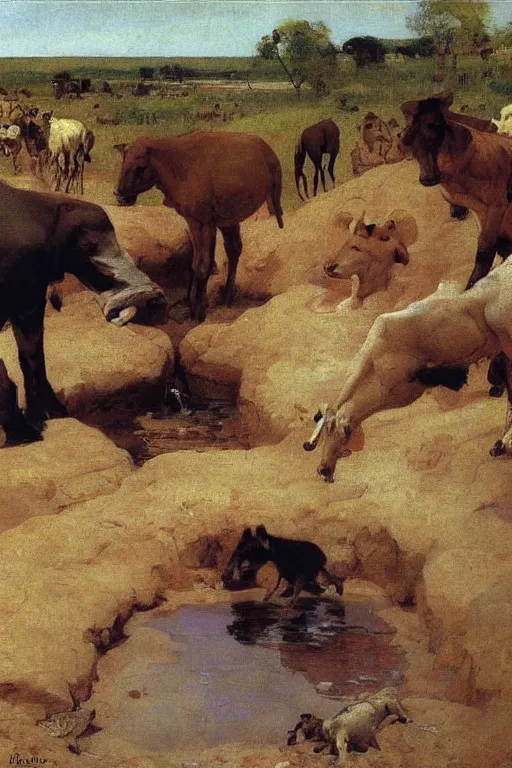 Prompt: animals drinking at the water hole, ilya repin, 8k,