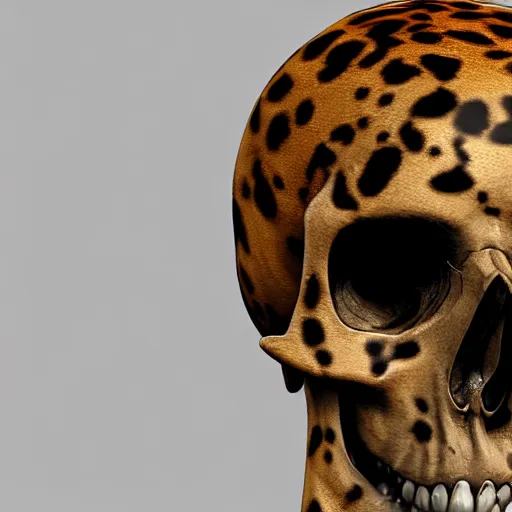 Image similar to Skull that look too much like skull!, an 8k CG character rendering of a spider-like hunting female on its back, fangs extended, wearing a leopard-patterned dress, set against a white background, with textured hair and skin.