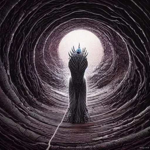 Prompt: humanoid walking through a wormwhole, Petros Afshar and Wayne Barlowe