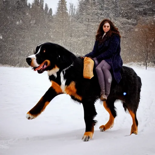 Image similar to girl riding giant Bernese Mountain Dog in the snow, trending on artstation