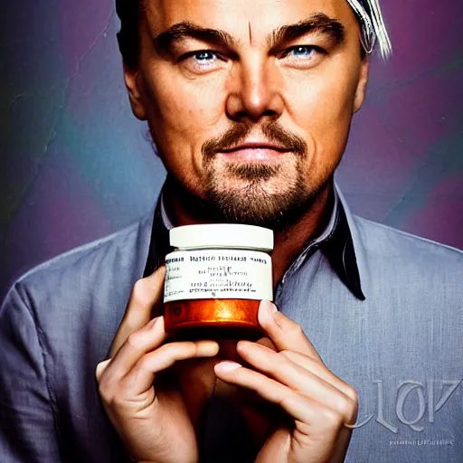 Prompt: detailed studio portrait of leoanrdo dicaprio holding tiny jar of tincture. watching at camera. studio light, polished look, solid background, ad, fashion photography, by pierpaolo ferrari and maurizio cattelan, 3 5 mm photograph, david lachapelle, canon eos c 3 0 0, 8 k